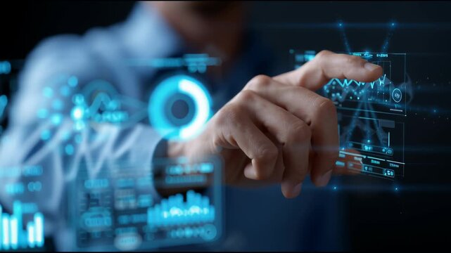 Digital Frontier: A close-up view of a person's hand interacting with a holographic interface, suggesting innovation and technological advancement. Exploring future