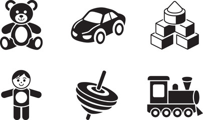 Set of black silhouette toy icons including teddy bear car building blocks doll spinning top and train © lok0077