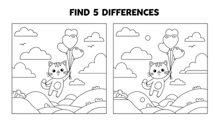 Find five differences puzzle and coloring page for children featuring a cute cartoon cat flying with heart-shaped balloons.