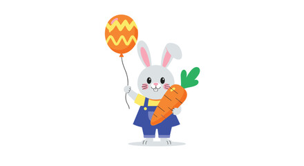 Naklejka premium Adorable Easter bunny character in blue overalls holding a giant carrot and a decorated egg-shaped balloon for the holiday.