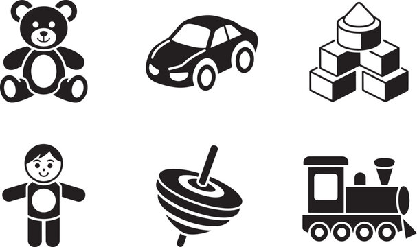 Set of black silhouette toy icons including teddy bear car building blocks doll spinning top and train