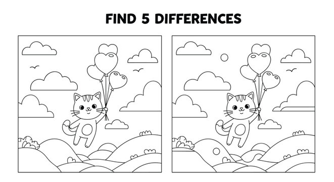 Find five differences puzzle and coloring page for children featuring a cute cartoon cat flying with heart-shaped balloons.