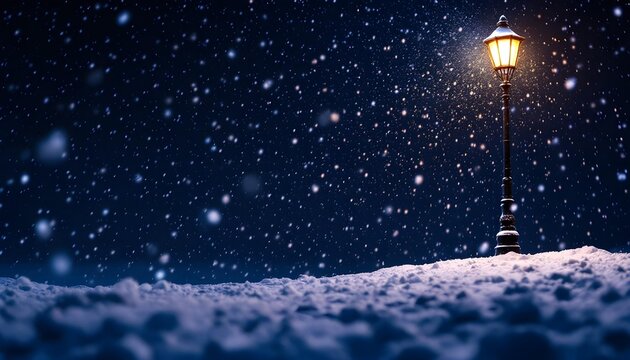 Warm light from a vintage lamppost shines amid falling snow creating tranquil winter night festive scene perfect for holiday backgrounds - Powered by Adobe
