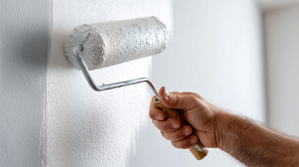 Applying primer to finished drywall. A worker rolls white primer over a freshly finished drywall wall. The slight imperfections in roller texture add a sense of realism and authent