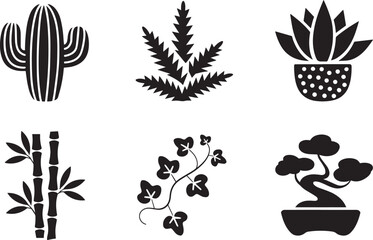 Set of six stylized black silhouette icons representing desert and indoor plants on checker background
