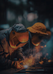 Obraz premium An industrial welding worker uses a protective helmet as sparks fly from the metal surface in a dark workshop.