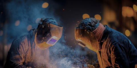 An industrial welding worker uses a protective helmet as sparks fly from the metal surface in a dark workshop.