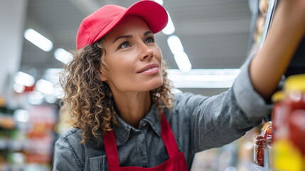 Store assistant scanning shelf items at supermarket