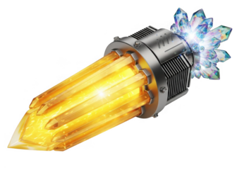 Sci fi energy crystal generator with glowing yellow rods and aurora crystals isolated on transparent background for game assets and concept art