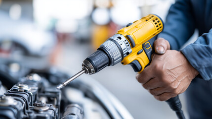 Pneumatic tool usage, automotive air equipment, mechanic operating impact wrench, professional service efficiency, garage compressed air, fastener removal task, faceless worker det