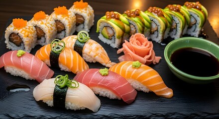 Assortment of fresh sushi and maki rolls beautifully arranged on a dark plate