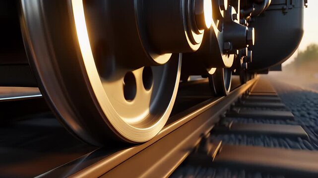 Cinematic close-up of heavy steel train wheels spinning rapidly on railway tracks at sunset, illustrating industrial power and transportation mechanics.