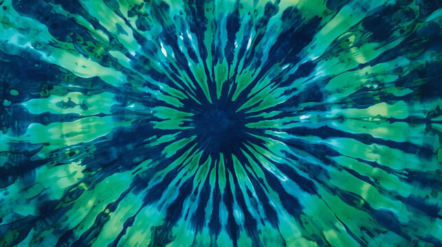 Vibrant tie-dye spiral background showcasing an abstract green and blue textile texture, perfect for psychedelic designs, summer fashion, retro patterns, or creative graphic resources.