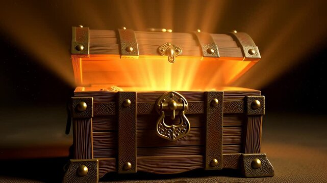 Antique wooden treasure chest opening to reveal bright golden light beams and scattered coins in a dark cinematic 3D animation, symbolizing wealth and discovery.