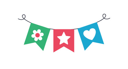 Colorful party garland with three decorative flags featuring a flower, star, and heart, perfect for any celebration event.