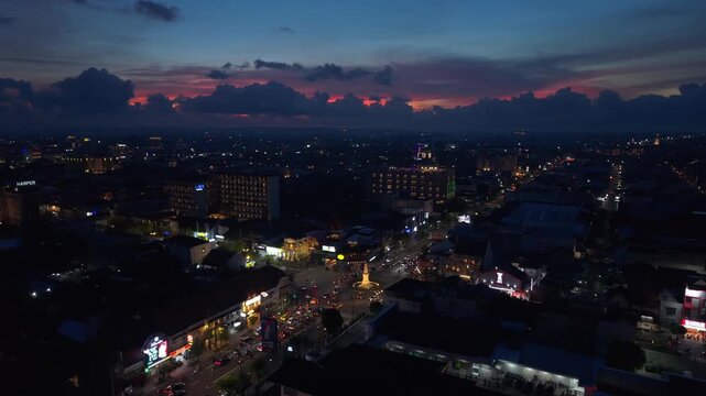 Aerial view of Tugu jogja at night, Indonesia.