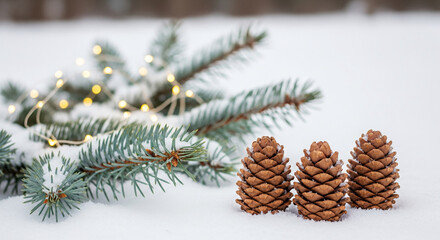 Fir branch with lights and three brown pine cones in snow, symbolizing Christmas, holiday season, winter, nature and festive decoration atmosphere