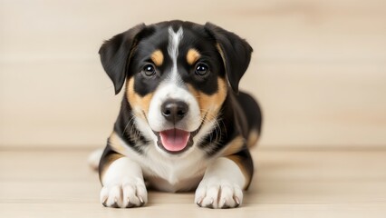Cute black and tan puppy with bright expressive eyes, soft fur, friendly portrait against smooth studio background