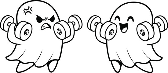 Cute cartoon ghost character lifting dumbbells, funny workout fitness mascot with angry and happy face, black outline style flat vector illustration