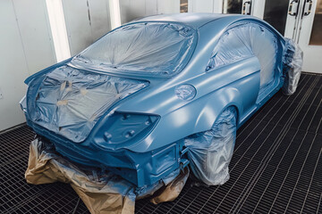 Professional car painting in a specialized spray booth at an auto service center. Body repair and surface preparation process. Quality maintenance and technical service for modern vehicle transport.
