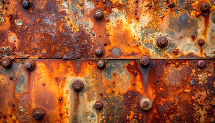 Close-up of rusted metal plates joined by rivets, showcasing textured decay and weathered surface detail