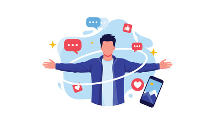 Young man surrounded by social media icons like hearts, likes, and comments, illustrating digital life and online influence.