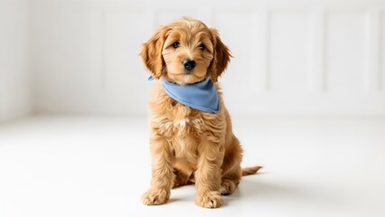 Cute puppy wearing blue scarf sitting indoors, warm lighting, stylish pet portrait with adorable expression and soft clean background.

