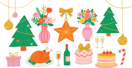 Holiday season elements including christmas tree, cake, flowers, star, christmas ornament, dinner, wine, champagne and present with decorative object. Art design.