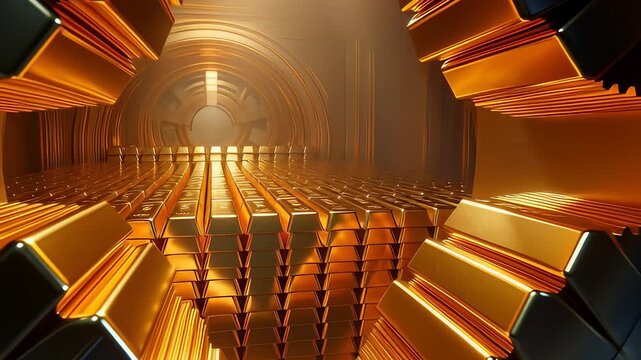 Heavy metallic bank vault door opening to reveal stacks of gold bullion bars in a cinematic 3D animation, illustrating wealth security and financial reserves.