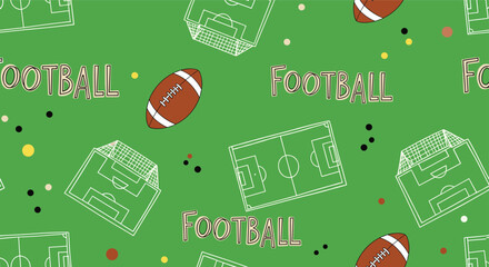Seamless pattern with hand-drawn American footballs and playing fields on a vibrant green background, perfect for sports fans.