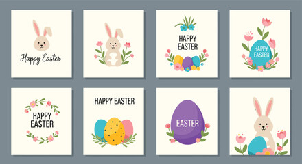 Set of eight charming Happy Easter greeting cards with cute bunnies, colorful eggs, and beautiful spring floral decorations.