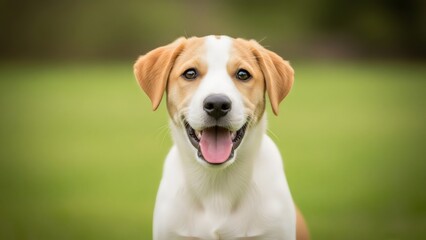 Happy smiling puppy sitting outdoors on green grass, bright natural light, joyful cute dog portrait with playful friendly expression.
