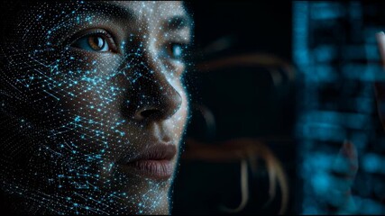 Digital Awakening: An empowered person's face is illuminated with a digital overlay, representing a fusion of human and technological aspects. - Powered by Adobe