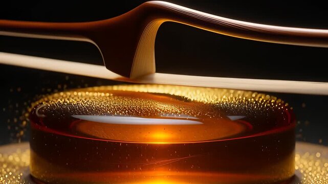 Wooden violin bow gliding across a translucent amber rosin block, releasing glowing golden dust particles in a cinematic macro 3D animation symbolizing classical music preparation.