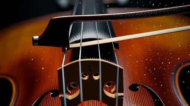 Cinematic macro view of a violin bow sliding across strings with floating rosin dust particles, illustrating classical music and sound vibration concepts