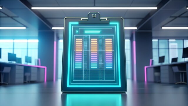 Modern data analysis on glowing clipboard in futuristic office for business presentation