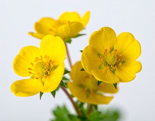 Close-up of several bright yellow wildflowers with delicate green foliage against a clean, white background