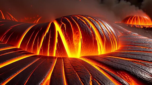 Molten red lava erupting through cracked black basalt rock in a cinematic 3D illustration, showcasing volcanic heat and geological texture for intense nature backgrounds.
