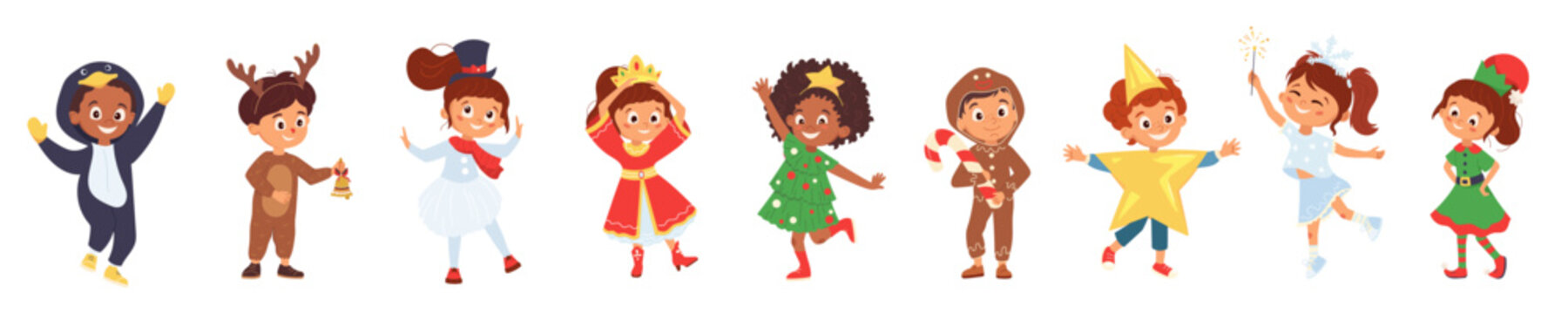 Cute set of cartoon children in winter holiday costumes, penguin and reindeer, Christmas tree and fairy, elf and gingerbread Bright festive vector characters for kids design, banner, party invitation.