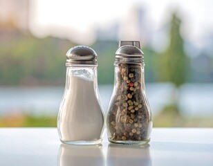 Close-up of salt and pepper shakers filled with contents against an out-of-focus background