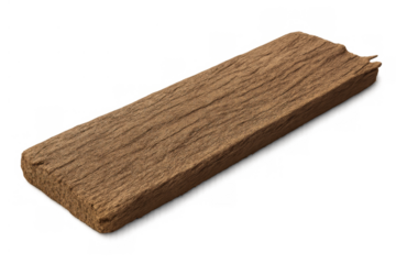 Single rustic wooden plank with textured surface and raw edges, isolated on a transparent background for versatile design use