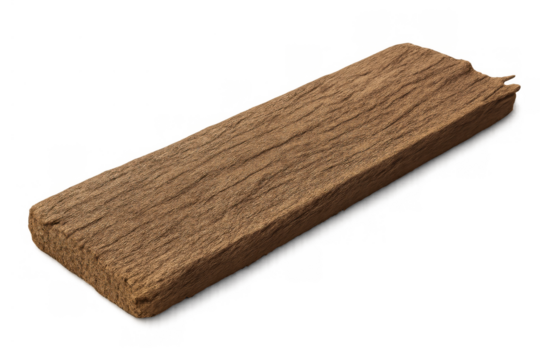 Single rustic wooden plank with textured surface and raw edges, isolated on a transparent background for versatile design use