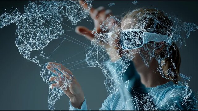 Navigating the Digital Realm: Person immersed in a virtual reality experience, the world map is overlayed with digital connection. Blurring the boundaries between physical reality and digital worlds.