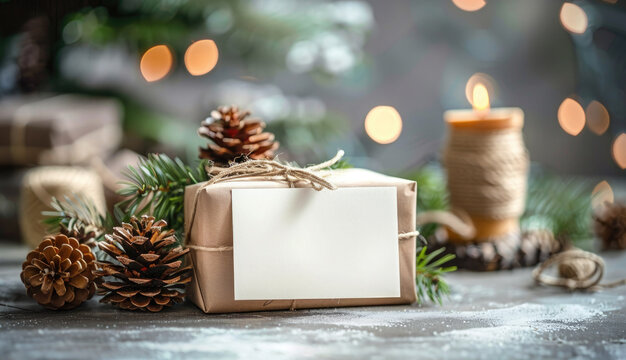 Rustic holiday gift wrapped in kraft paper with twine, pine cones, evergreens and a blank card against a backdrop of warm holiday lights. Holiday mockup.