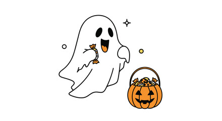 Adorable Halloween ghost character eating candy next to a jack-o-lantern pumpkin basket full of sweets, isolated on a white background.