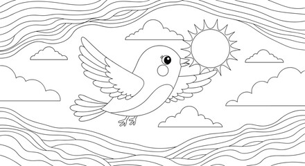 Fototapeta premium Detailed coloring page for children showing a cute bird with large eyes flying through a sky with clouds and a shining sun.