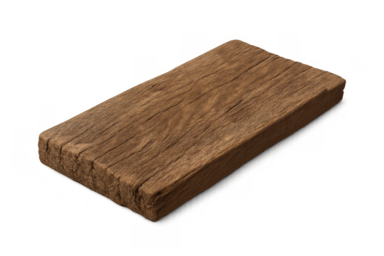 Old wooden board with rustic texture and weathered appearance, featuring natural brown grains, isolated on transparent background