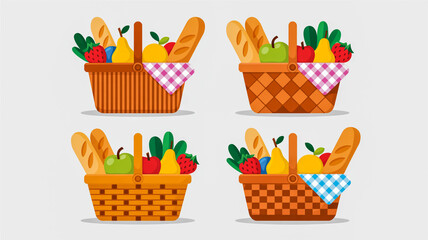 Variety of four picnic baskets with fresh food, flat vector design