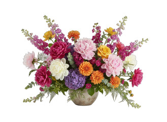 Colorful Floral Arrangement With Pink Peonies Orange Zinnias Purple Hydrangeas Yellow Roses and Pink Snapdragons in Textured Pot Soft Lighting Isolated on Black Background
