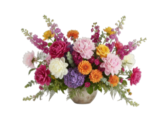 Colorful Floral Arrangement With Pink Peonies Orange Zinnias Purple Hydrangeas Yellow Roses and Pink Snapdragons in Textured Pot Soft Lighting Isolated on Black Background